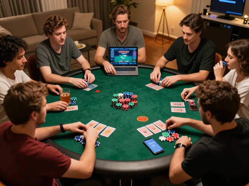 TIC88 players engaging in an online poker game at home, capturing an interactive gaming moment.
