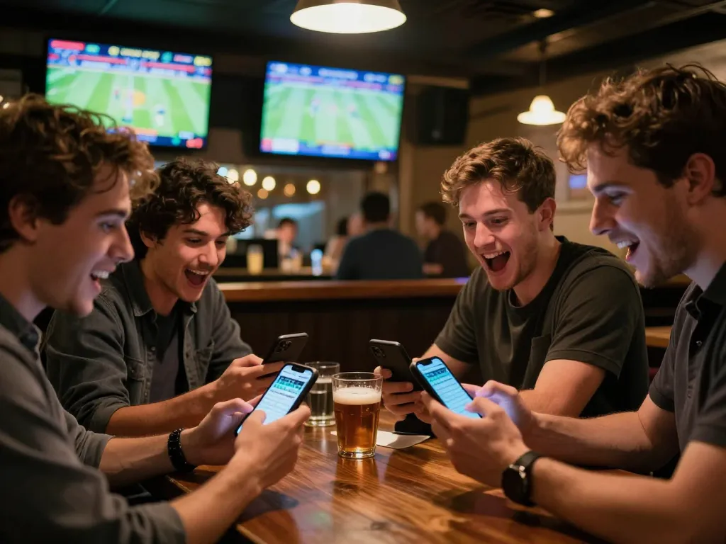 Engaged friends cheering for sports betting excitement at BL555