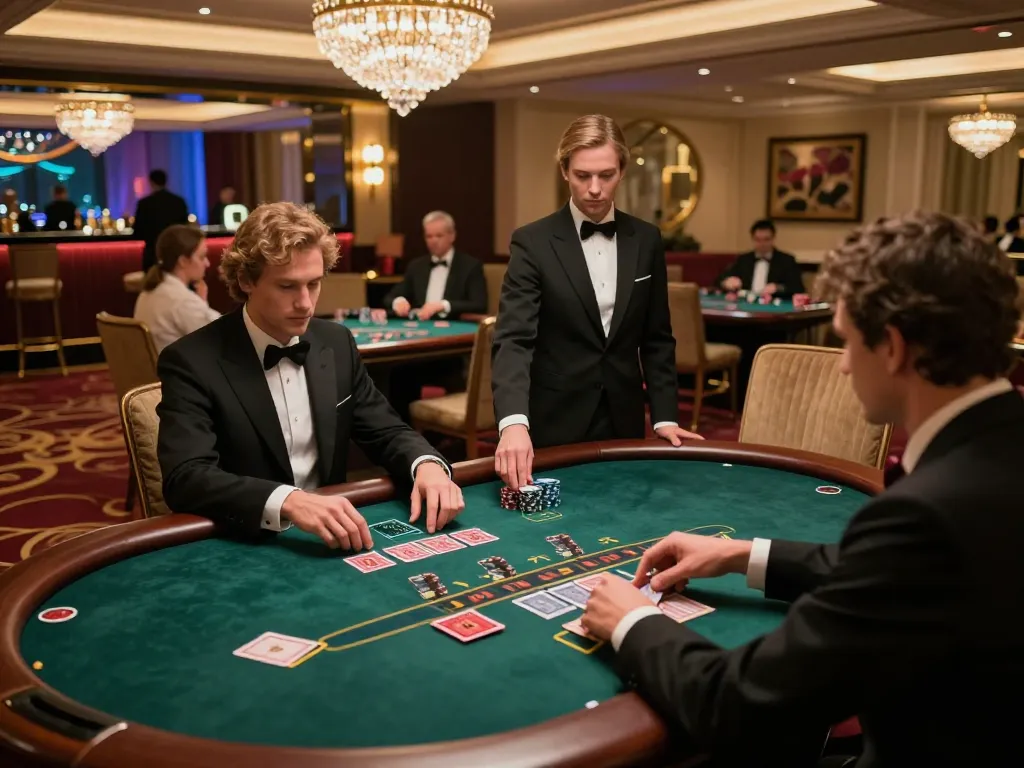 Players celebrate their winning strategies at LODE 88 blackjack tables in an upscale casino.