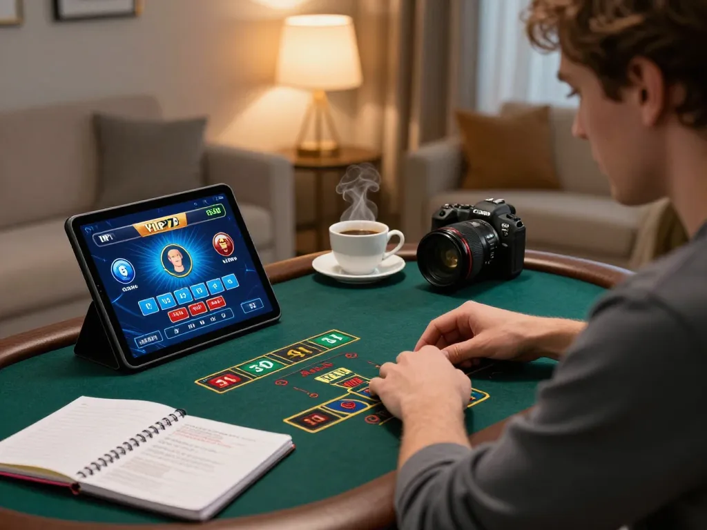 Engaging in a live dealer game on vip79 with a tablet in a warm home environment.