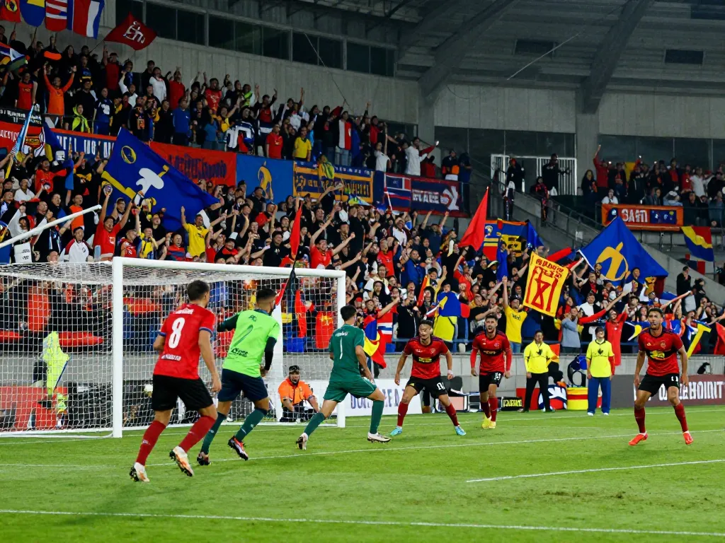 Exciting football match featuring passionate fans and intense players during a crucial game, showcasing the spirit of ฟุตบอล.