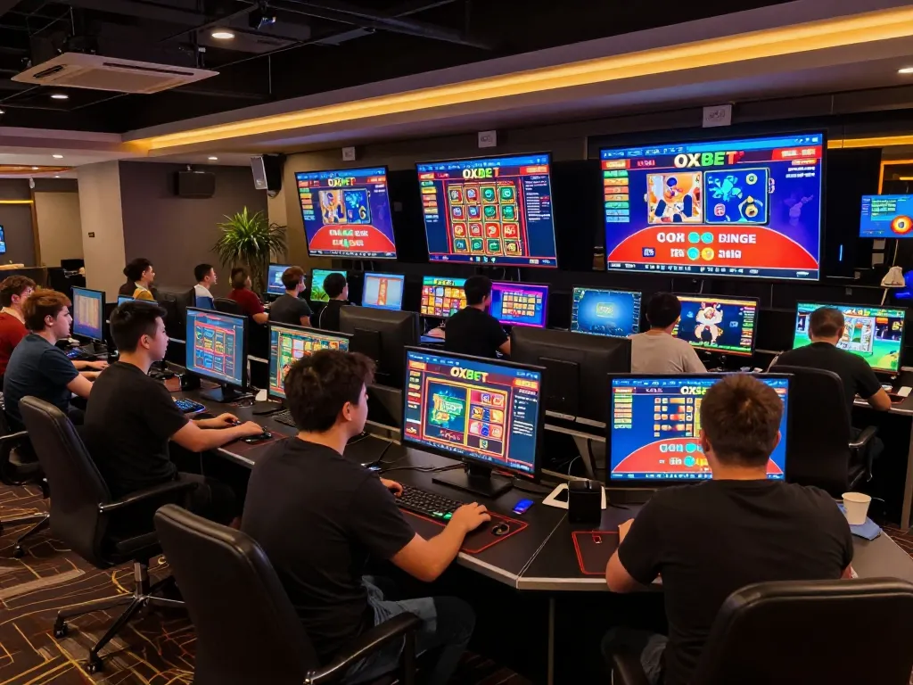 Player engaging with OXBET online casino platform at a modern home gaming setup, showcasing vibrant interface.