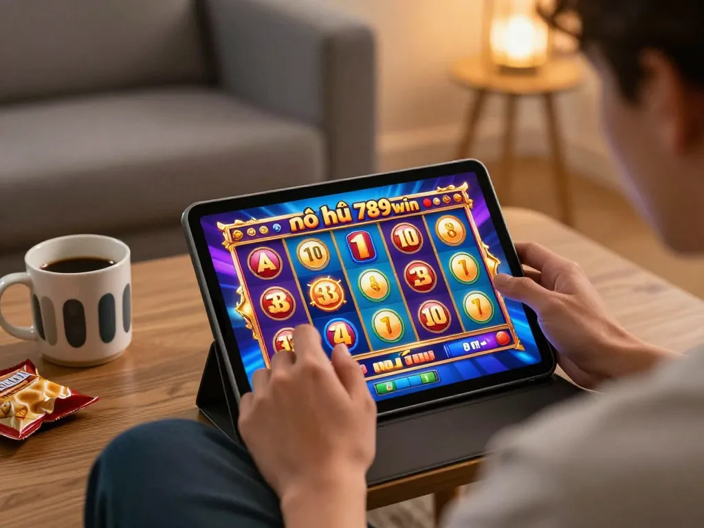Playing the engaging slot game nổ hũ 789win on a tablet in a cozy home setting with snacks nearby