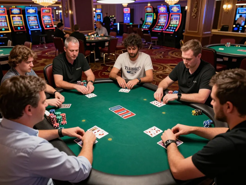 Players showcasing their skills in poker at the vibrant vu88 casino, with chips and cards prominently displayed.