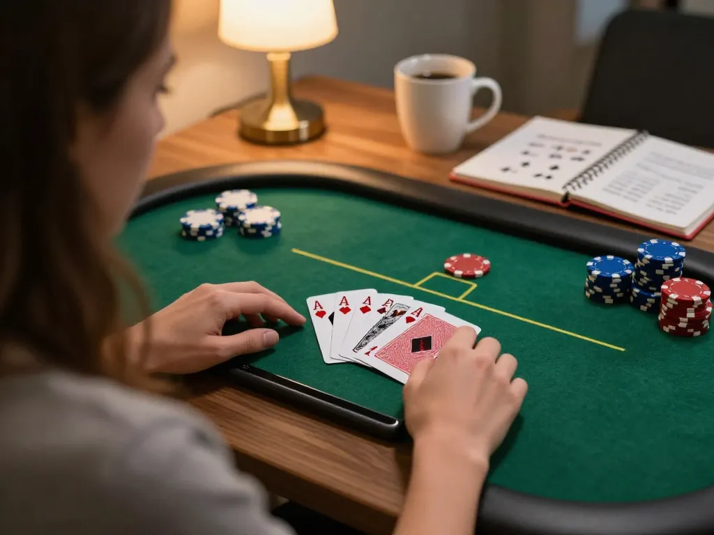 Engaging online poker gameplay on tablet, showcasing du88 gambling strategies and home atmosphere.