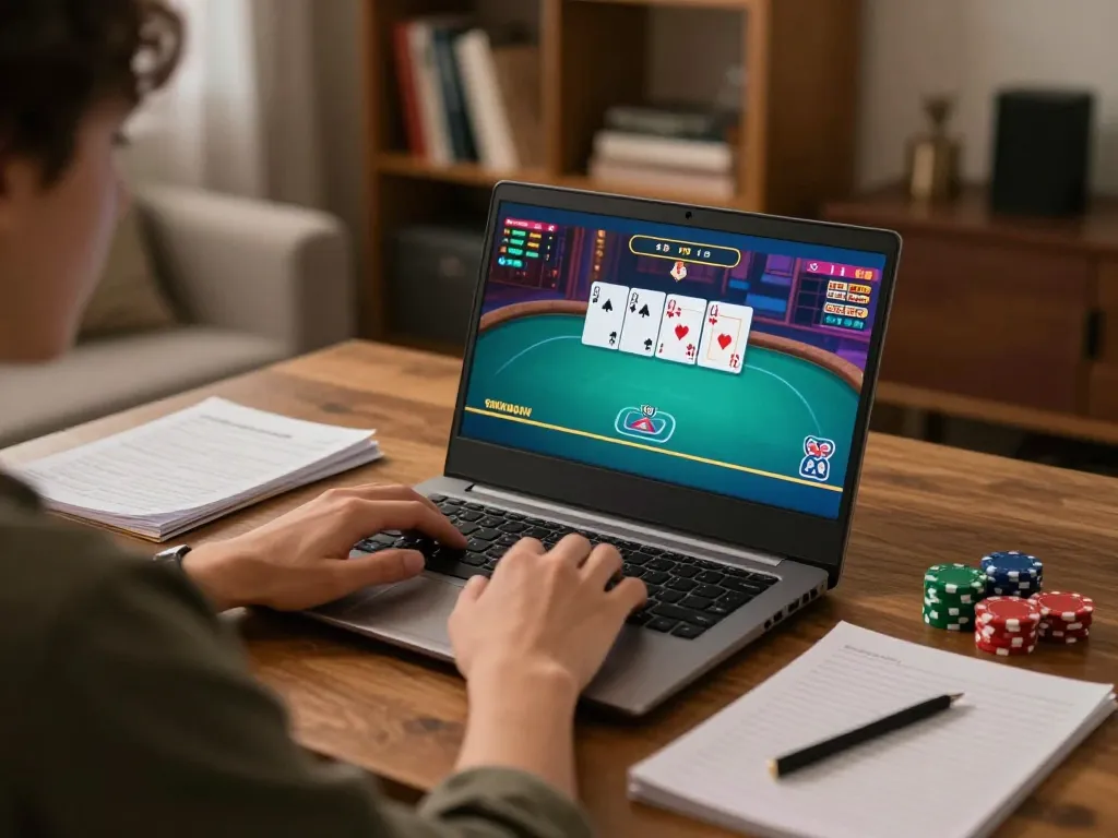Engaged player exploring online gaming at trang chủ fun79 with poker strategy notes in cozy home setting.