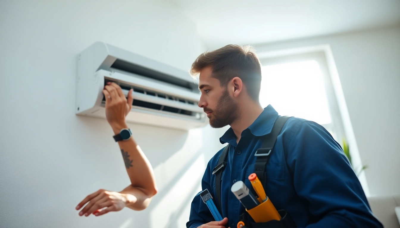 Expert technician providing Air Conditioning Repair Tampa in a modern living room setting.