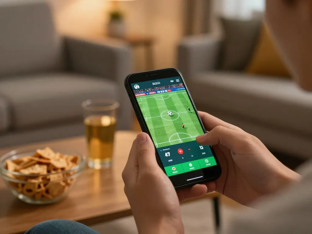 Xoilac user placing sports bets on a smartphone in a cozy home atmosphere with snacks