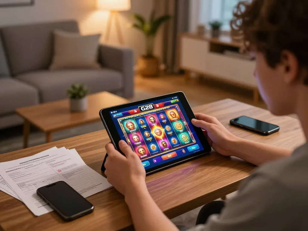 Player enjoying G28 online gambling on a tablet in a cozy home setting with strategic notes.