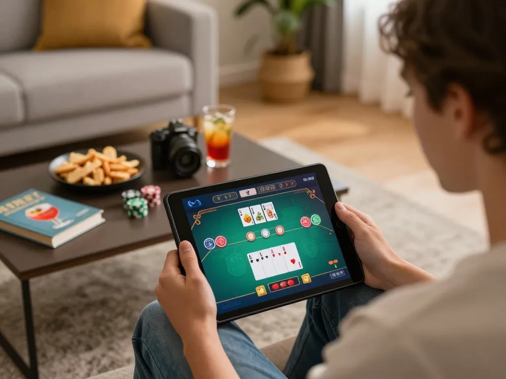 CM88 player engaging in online poker game on tablet in cozy home setting