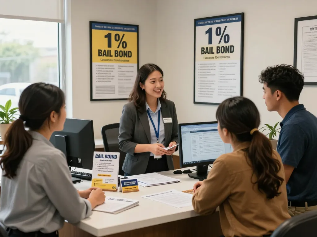 Bail Bonds consultation at a welcoming office with professionals assisting families, showcasing 1% bail options.