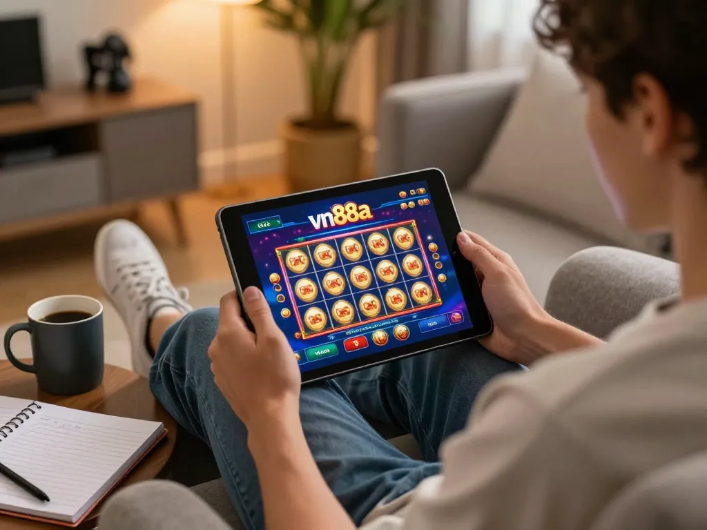 Engaged player using vn88a online casino interface on tablet for betting strategy.
