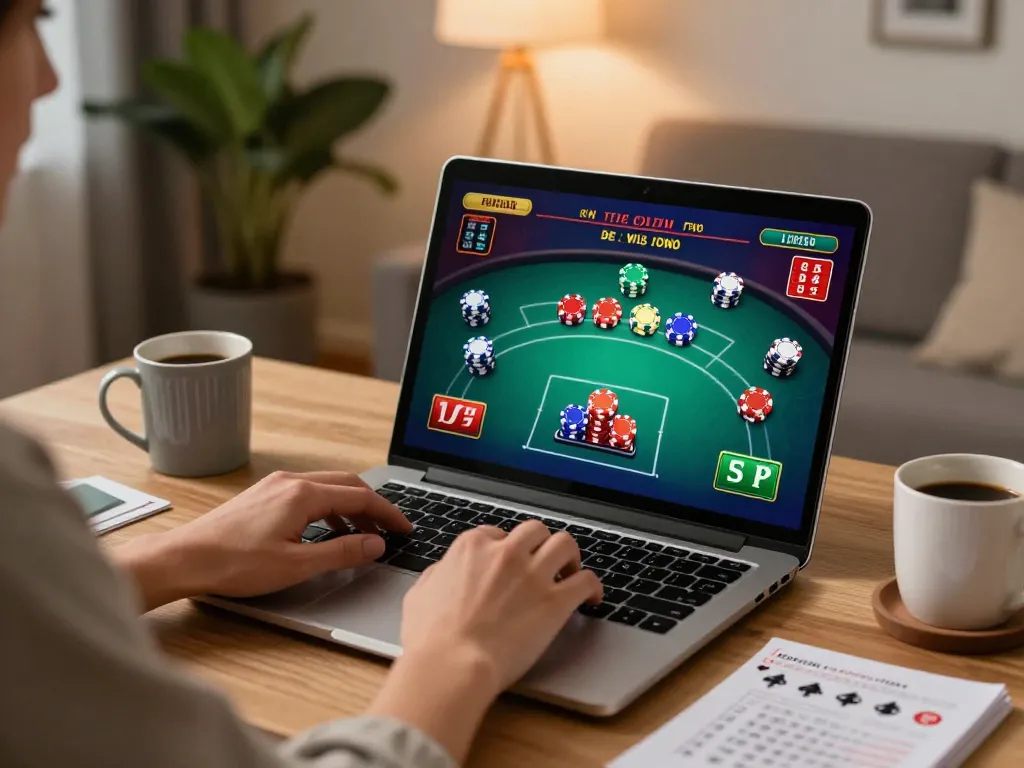 Player enjoying poker on max88 online casino from a cozy home setting with betting notes visible.