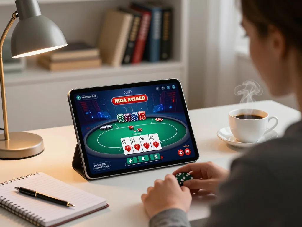Play poker online at fly88 in a comfortable home setting with strategic notes and warm lighting