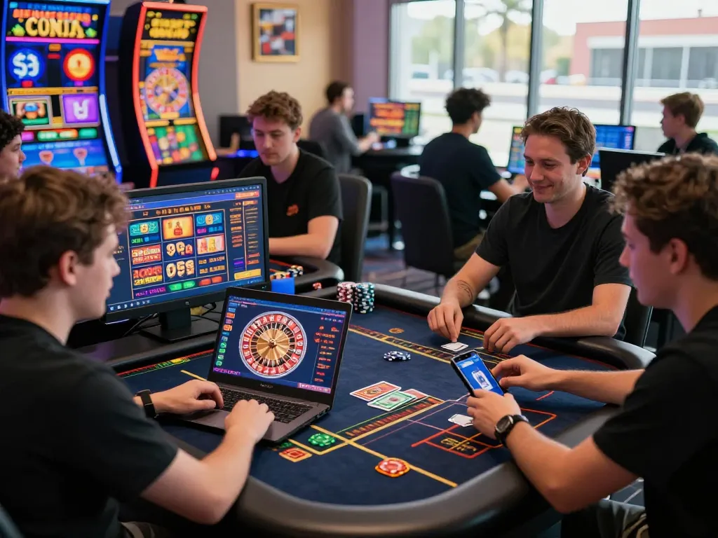 Excited players engaging with O8's vibrant online casino games, showcasing slots and roulette in a modern gaming environment.