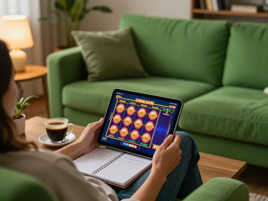 Engaged player enjoying online slot games at JJNN on tablet with warm home ambiance.