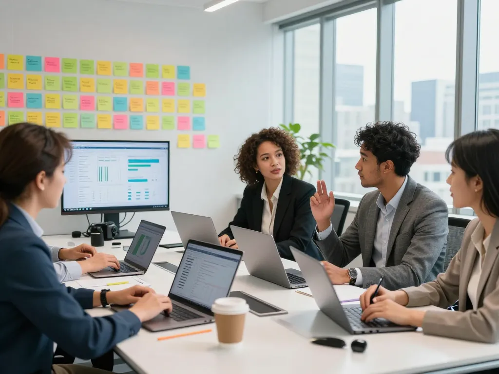 Dynamic meeting scene showcasing diverse team collaboration in staffing agencies.