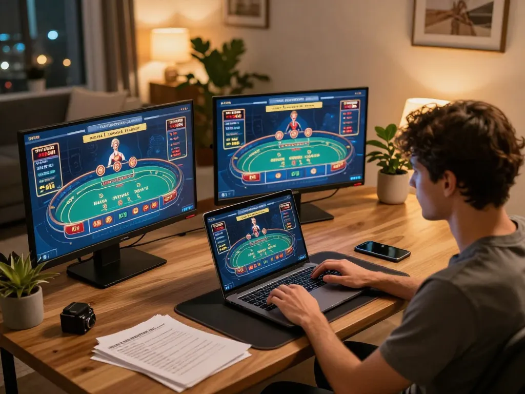 tv88 user engaging with online casino games on a stylish laptop, showcasing dynamic gameplay and strategic betting.