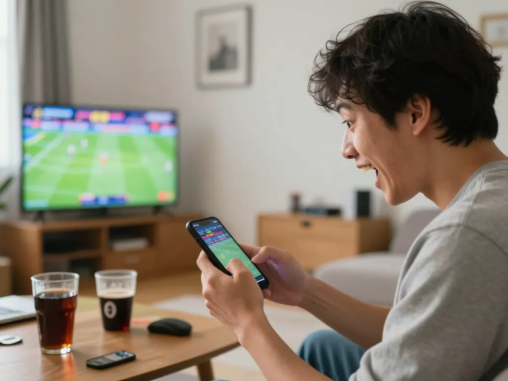 Person engaged in live sports betting on their smartphone while watching a game, experiencing excitement with oxbet.