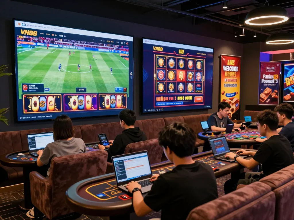 VN88 online gaming platform showcasing exciting sports betting and casino games in a vibrant lounge setting.