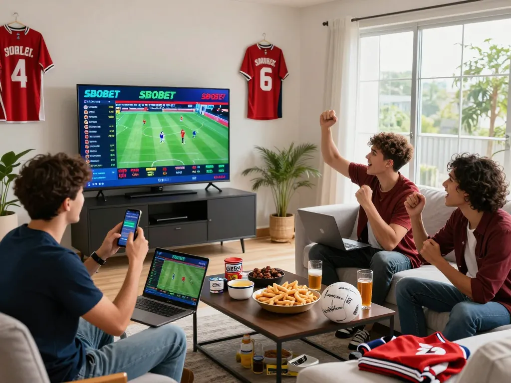 Friends enjoying the excitement of SBOBET sports betting in a lively home environment.