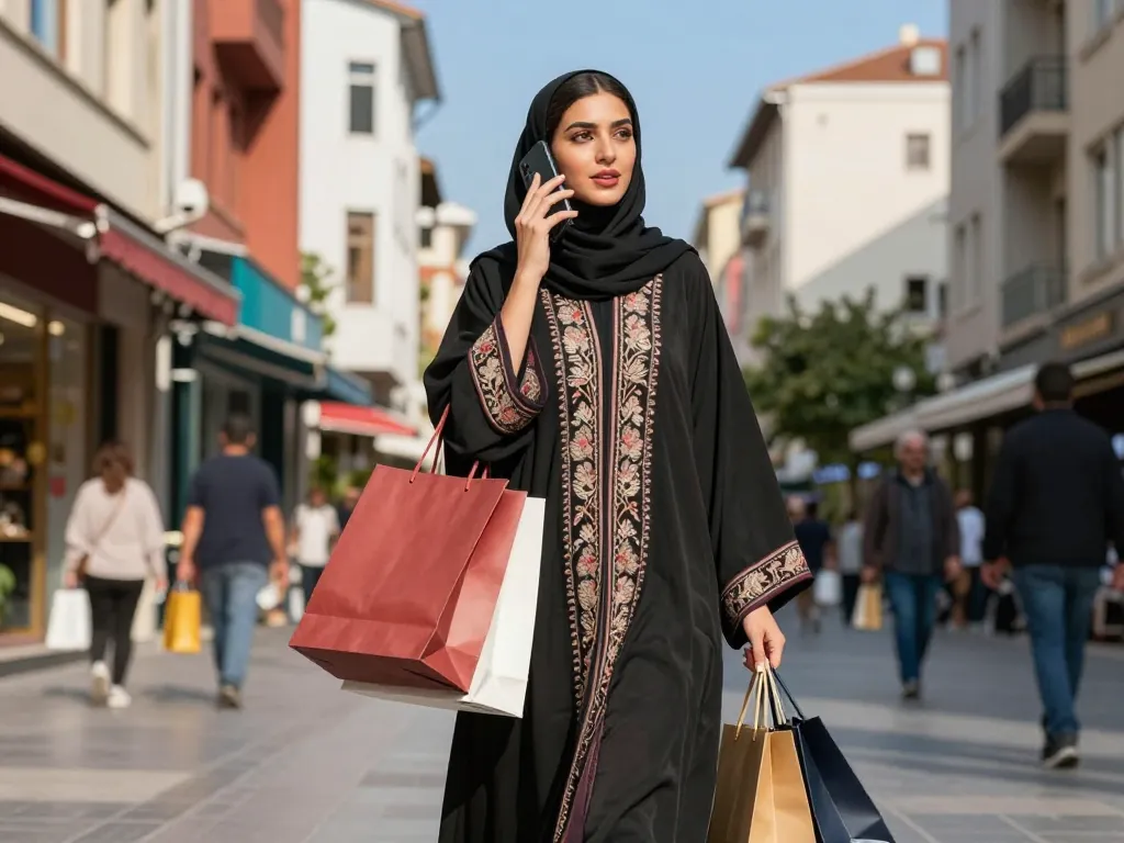 Stylish urban scene featuring a woman in Turkish abayas shopping in a vibrant city.