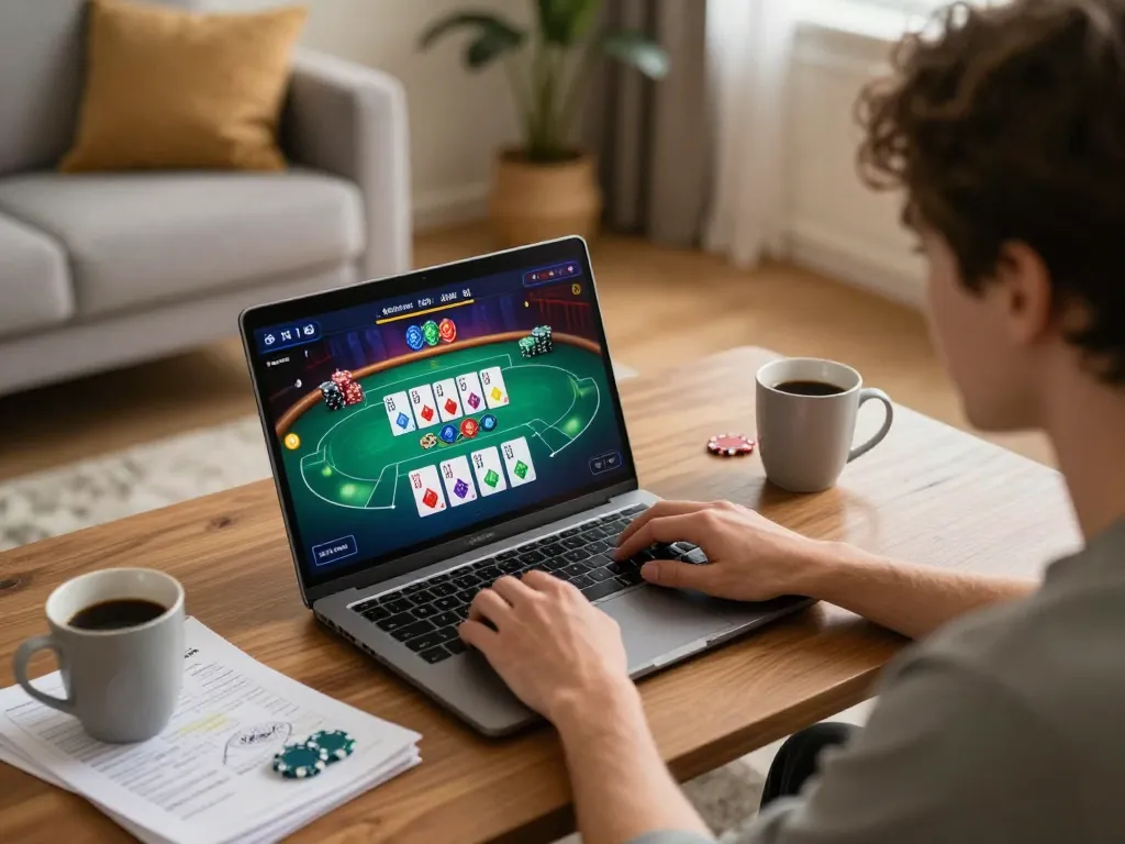 Login Xo88 with person strategizing online poker gameplay at home, showcasing responsible gaming
