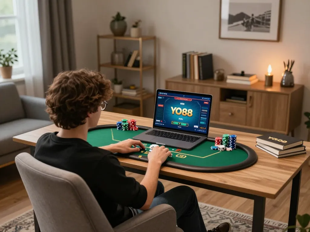 Engage with YO88 poker strategy in a cozy home gaming setup with chips and laptop.