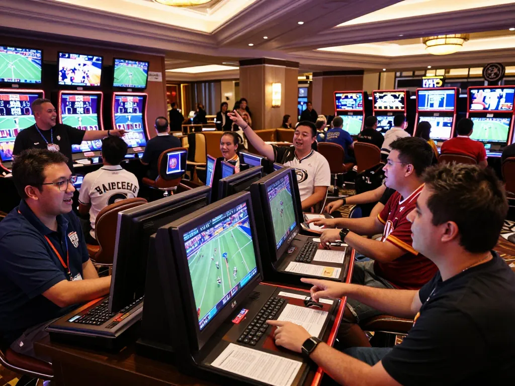 Betters experiencing high stakes at the debet sportsbook during a live game, lively atmosphere