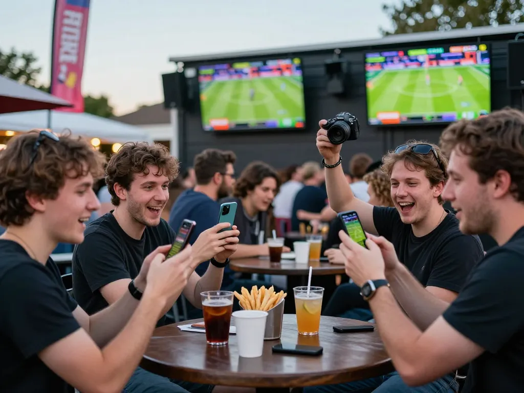 Fans at HIT CLUB enthusiastically placing bets on live sports events while cheering at an outdoor bar.