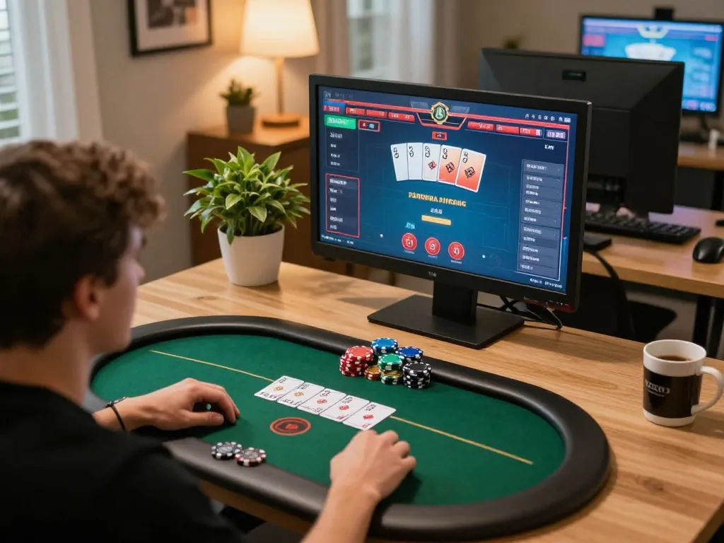 Player engaging with f8beta2 poker online interface in a cozy home office setup