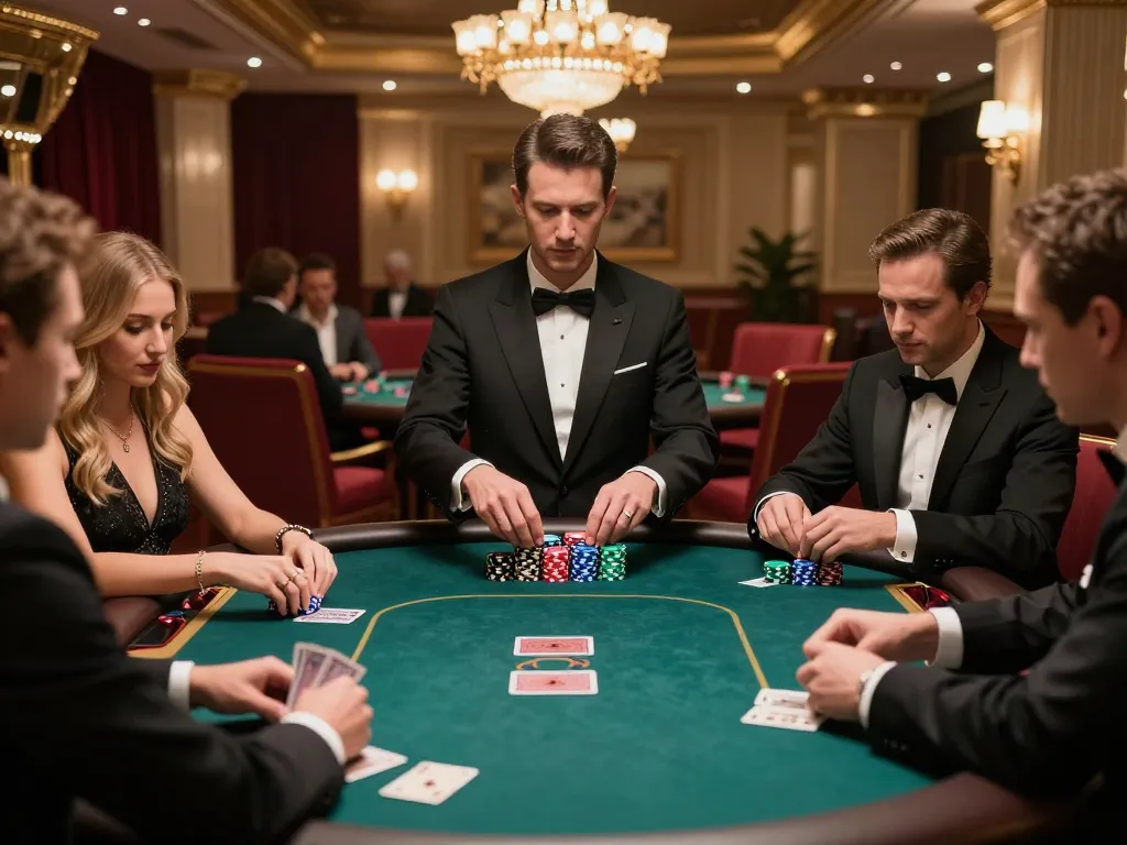 A high-stakes poker game in a luxurious casino featuring 88xx players strategizing and placing bets.