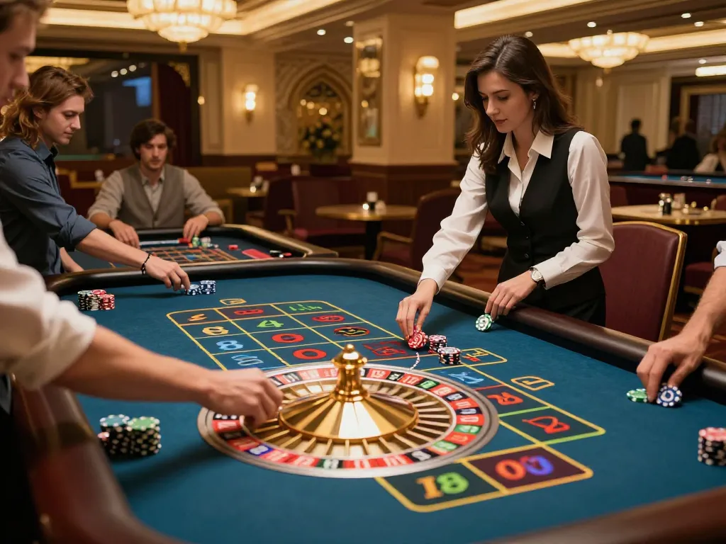 Players place bets at the roulette table, showcasing the excitement of F1688 gambling.
