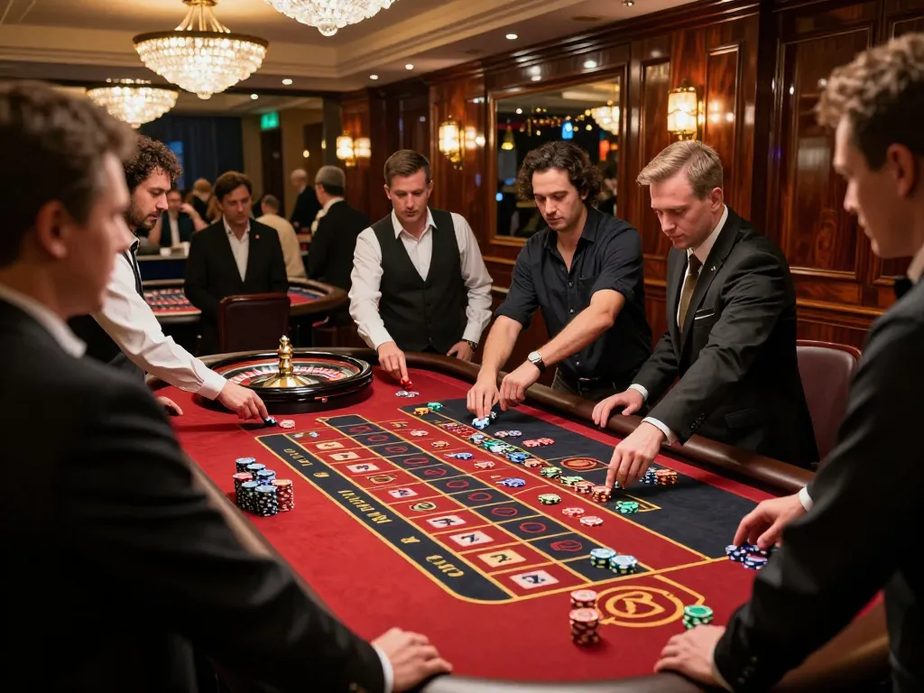 Players engage at a sunwin roulette table, experiencing the thrill of strategic betting in a vibrant casino atmosphere.