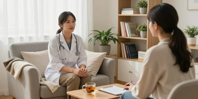 Therapy session with a psychiatrist discussing 抑鬱症 in a peaceful environment.