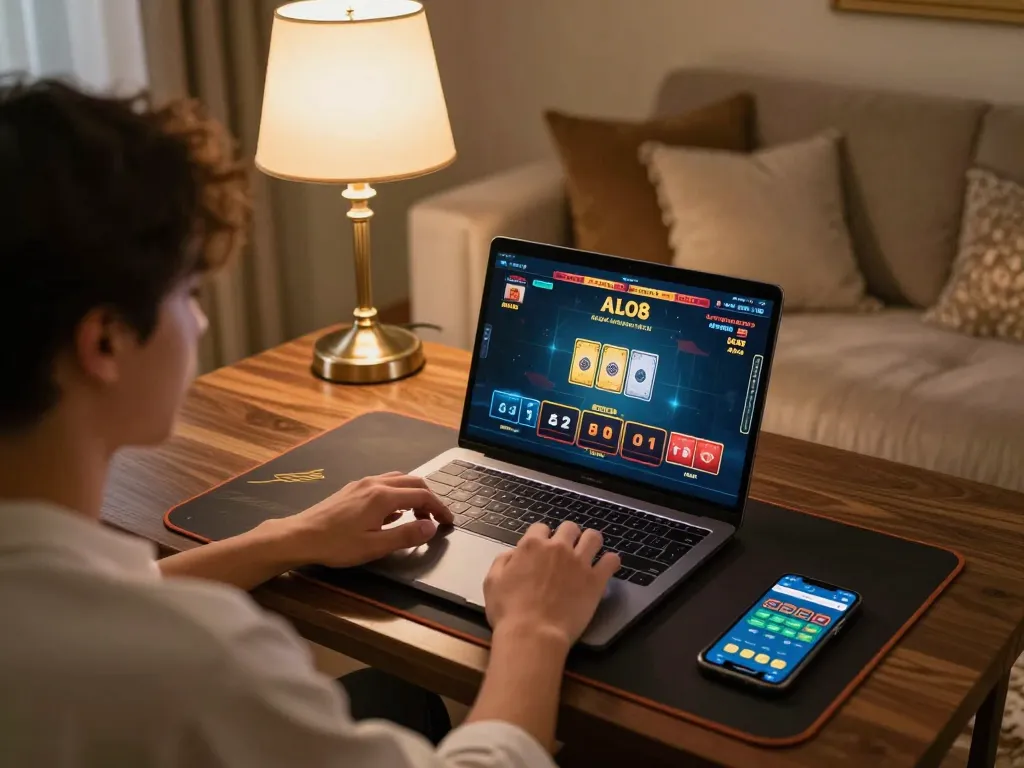 Person intensely engaging in ALO8 online casino game, laptop showcasing game interface with betting options.