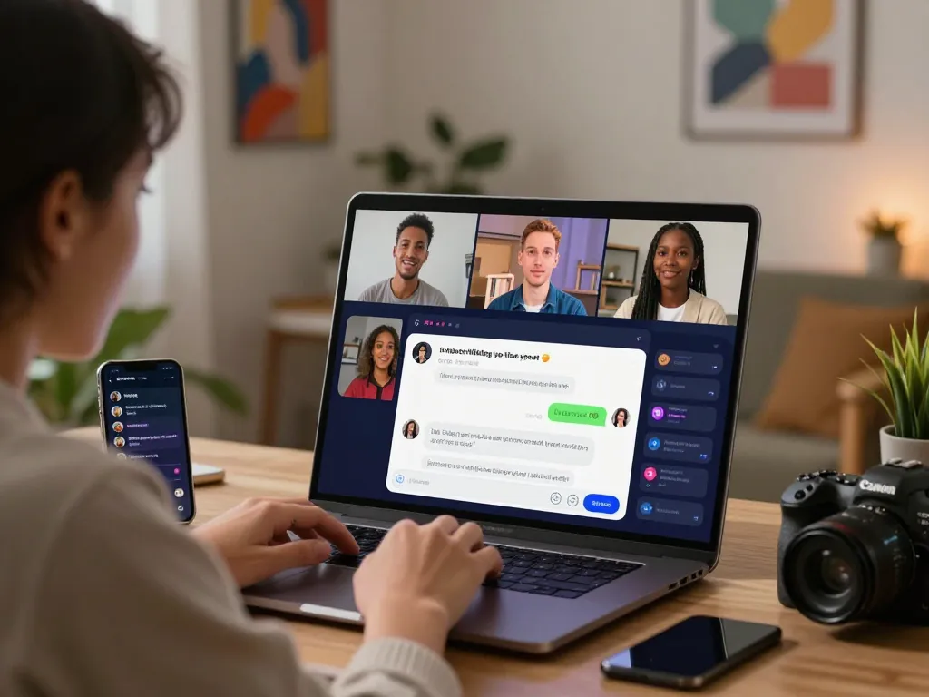 Engaging spicychat session showcasing interactive AI character with user in modern home office.