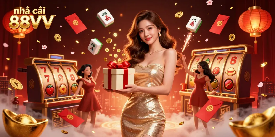 Experience the excitement at nhà cái 88VV with vibrant slots and festive elements in this dynamic casino scene.