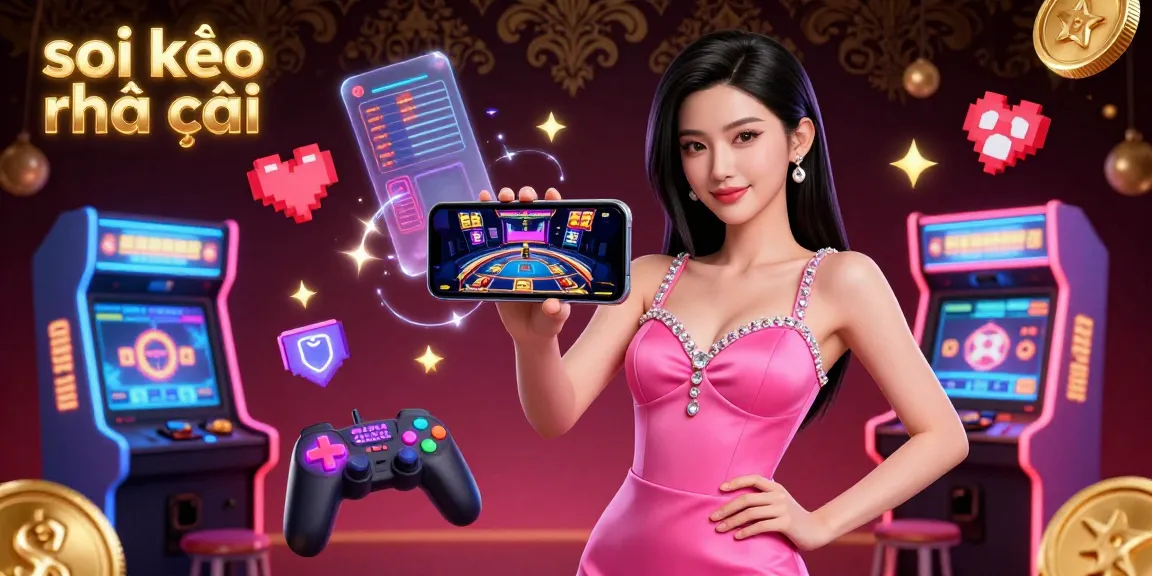 Soi kèo nhà cái showcases an Asian woman engaging with a live dealer game on her smartphone amidst vibrant casino elements.