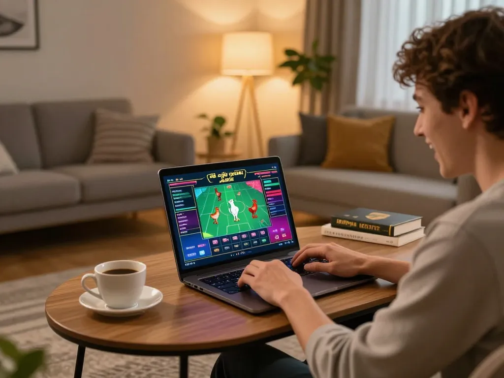 Engaging in đá gà trực tuyến with excitement, vibrant live betting visuals on laptop at home.