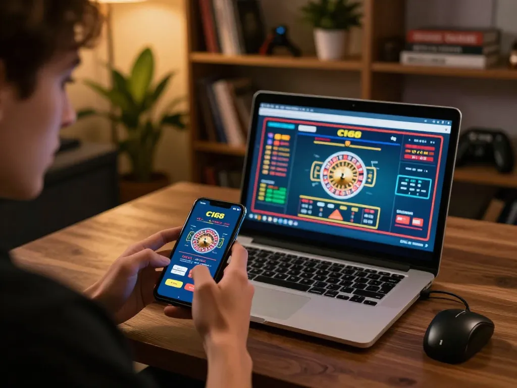 C168 player immerses in a smartphone casino app while enjoying strategic gaming at home.