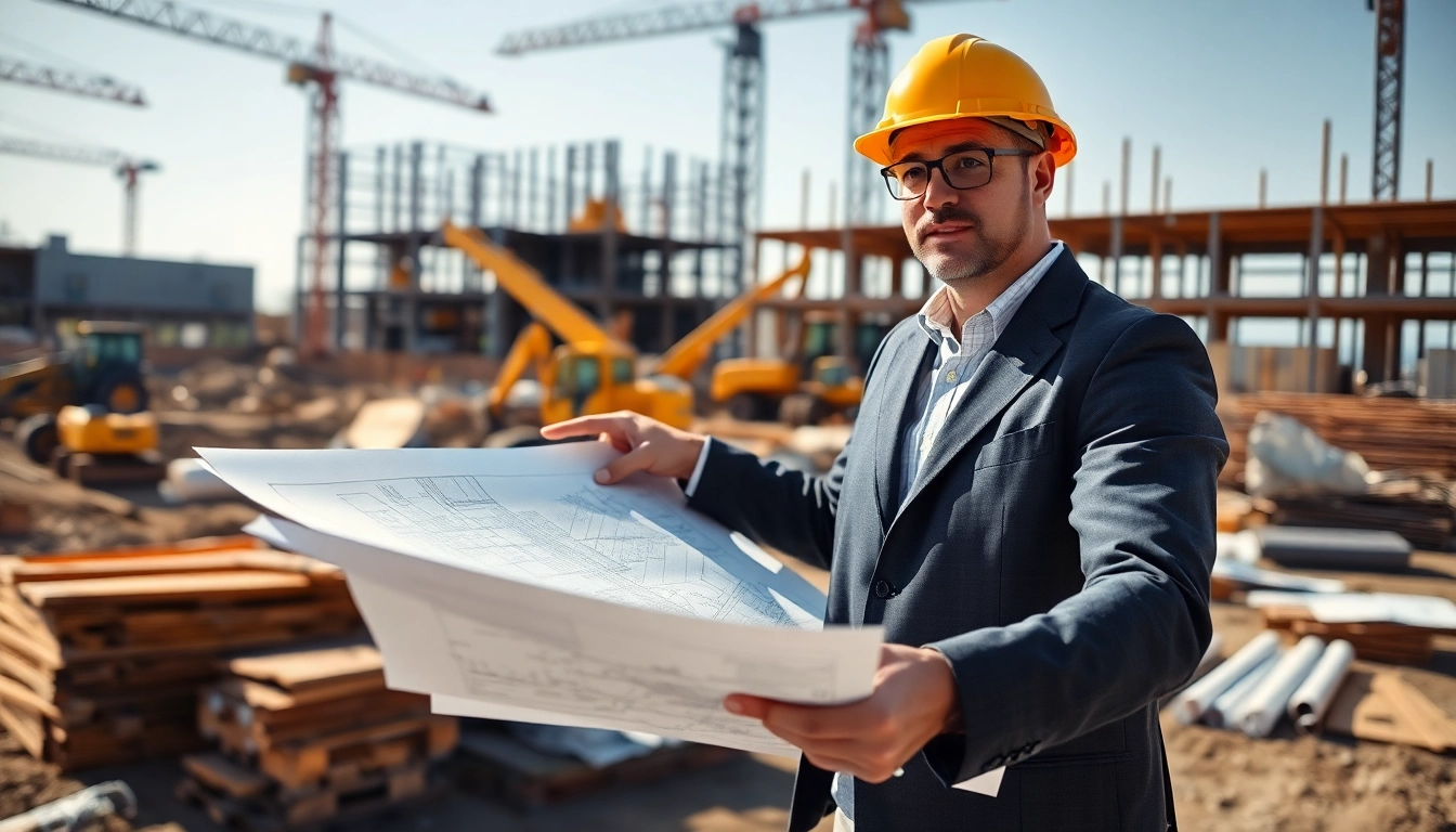 New Jersey Construction Manager discussing plans at a construction site with blueprints and machinery.