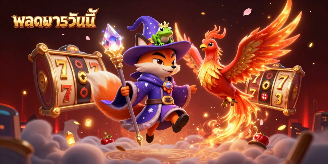 Experience live football scores with ผลบอลวันนี้ in an engaging 3D casino scene featuring a wizard fox and dynamic game elements.