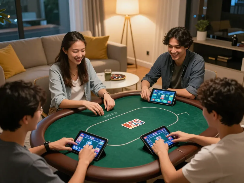 Players enjoying online poker at home using HM88 interface with lively atmosphere and engaging details.