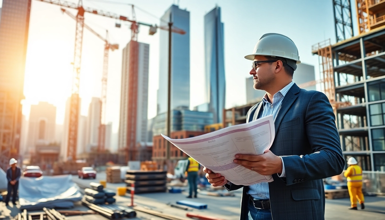 New York Construction Manager overseeing a dynamic construction site in NYC with cranes and workers.