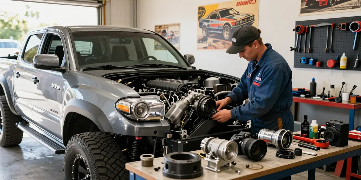 VT supercharger kit installation on Toyota Tacoma by car enthusiast in a bright garage.