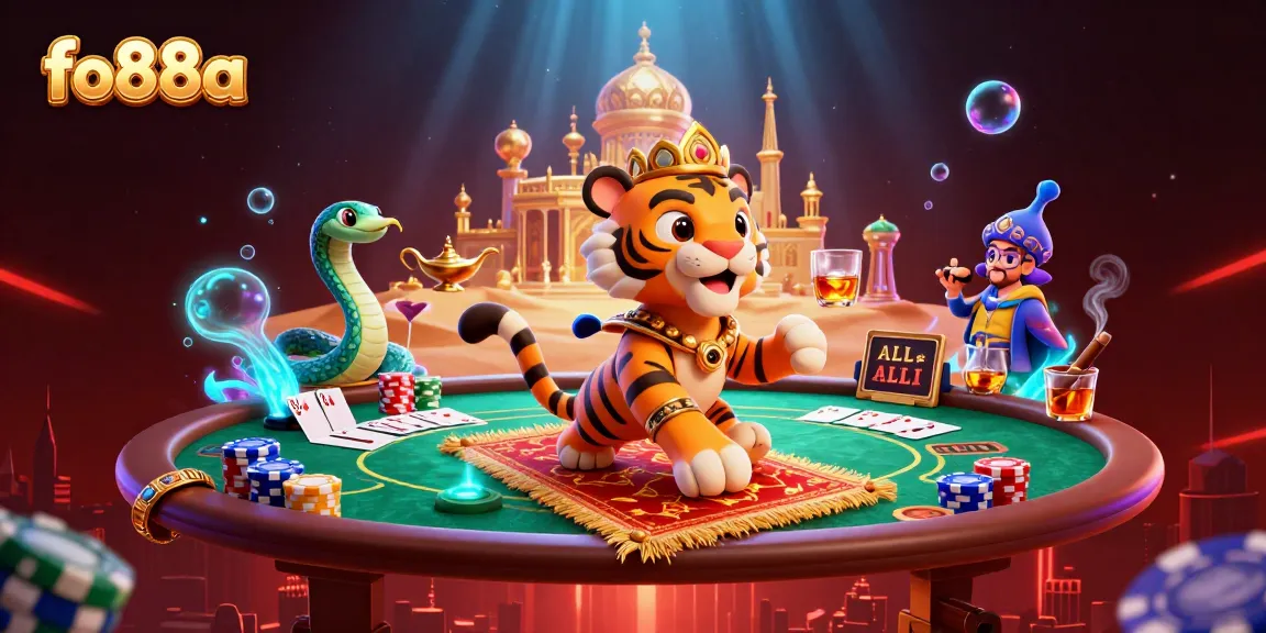 Experience the thrilling atmosphere of fo88a's vibrant casino with a cartoon tiger sultan, poker chips, and colorful game elements.