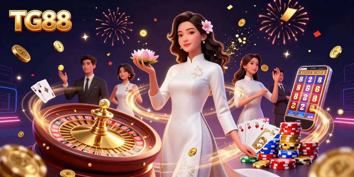 Engage with TG88’s vibrant gaming atmosphere showcasing dynamic casino elements, including luxurious slots and roulette.