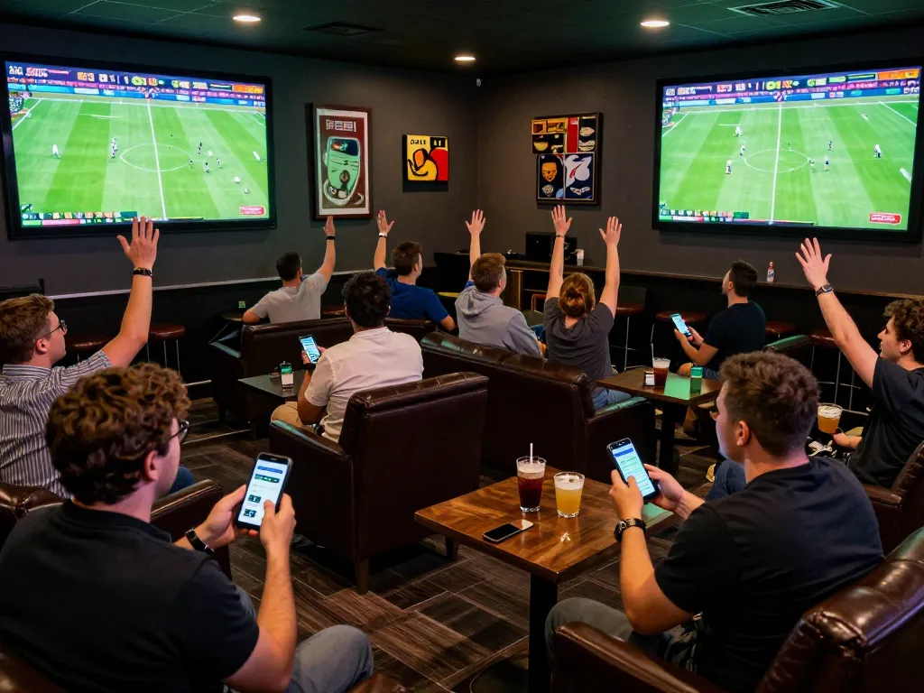 CakhiaTV users celebrating live sports betting excitement with mobile phones in a dynamic lounge.