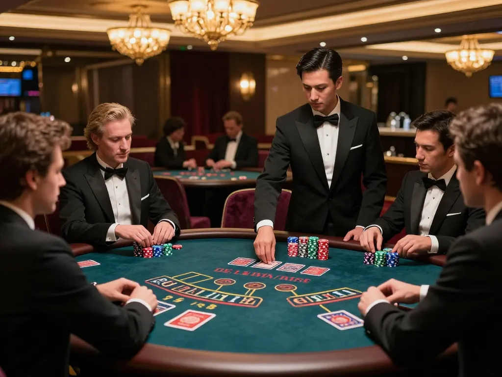 Engaged players participate at go99com's exclusive blackjack table in a luxurious casino setting.
